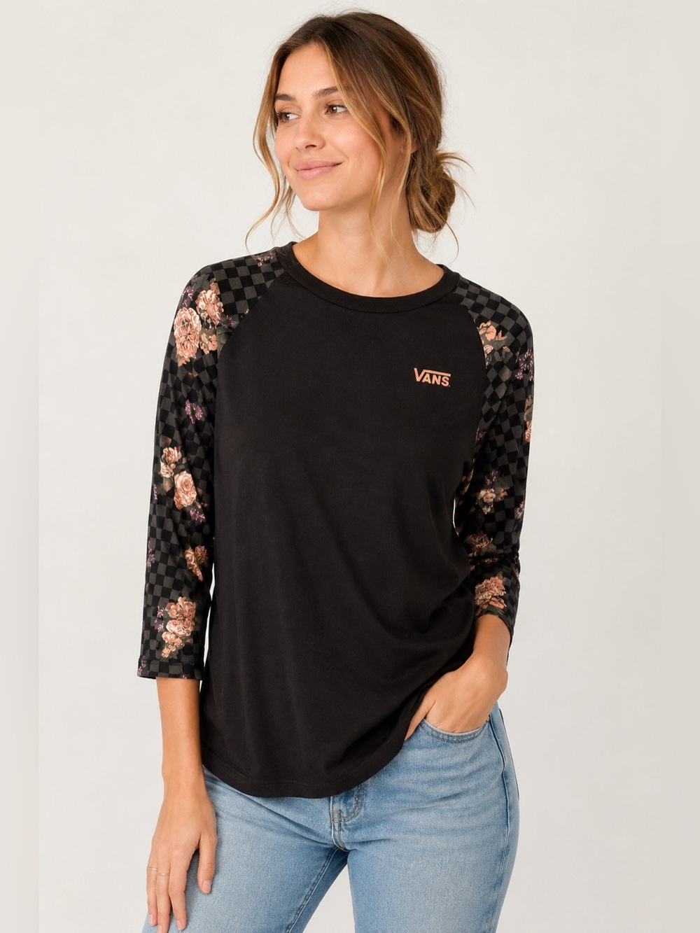 Vans Floral Checkerboard Raglan 3/4 Sleeve Graphic Tee Black Size Medium/Small
